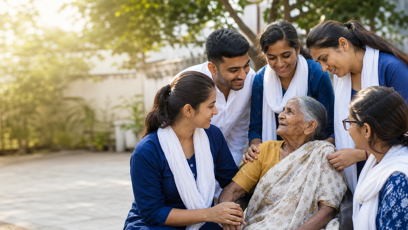 Seven Ark Foundation volunteers sharing a caring moment with an elderly woman