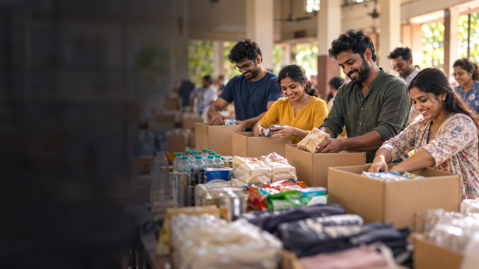 Seven Ark volunteers preparing community care packages